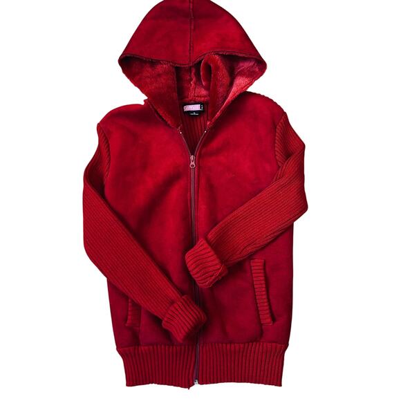 Y2K Cherry Red Faux Suede Leather Jacket Hooded Knit Vintage Faux Fur - Picture 1 of 11